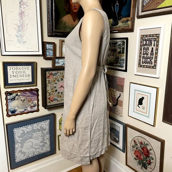 Beige Linen Tie Side Scoop Neck Sleeveless Maxi Apron Dress with Pockets OSFM - Picture 2 of 6